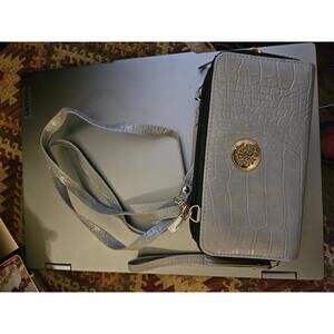 Sasha Purse Women's Handbag Gray Crossbody Gold Logo with Zip EUC